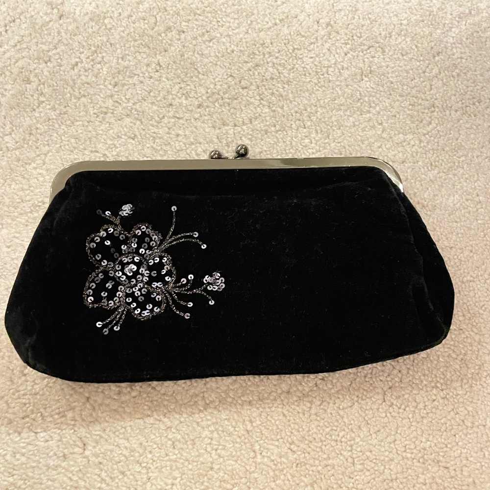 Black velvet clutch with floral sequence